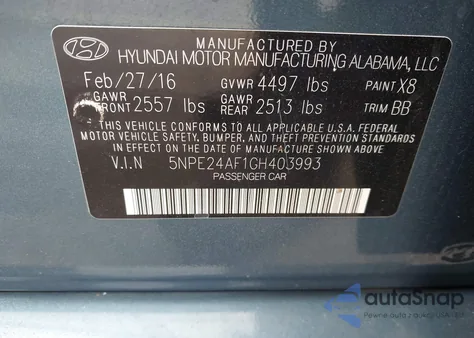 2016 Hyundai Sonata Se из США, поврежденный, VIN 5NPE24AF1GH403993